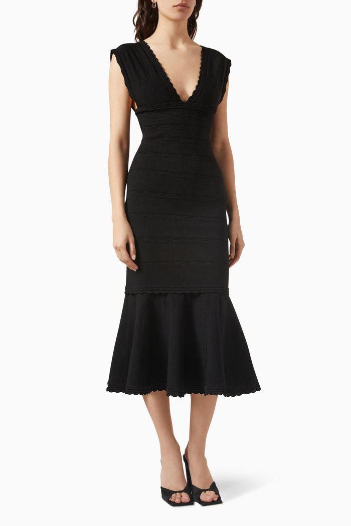 Flared Midi Dress in Compact Knit, Black