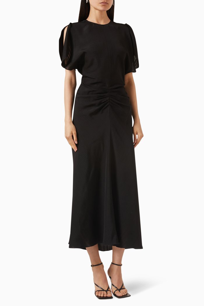 

Gathered Waist Midi Dress in Fluid Viscose Melange, Black