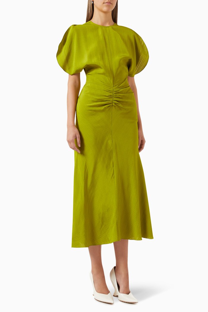 

Gathered Waist Midi Dress in Fluid Viscose Melange, Green
