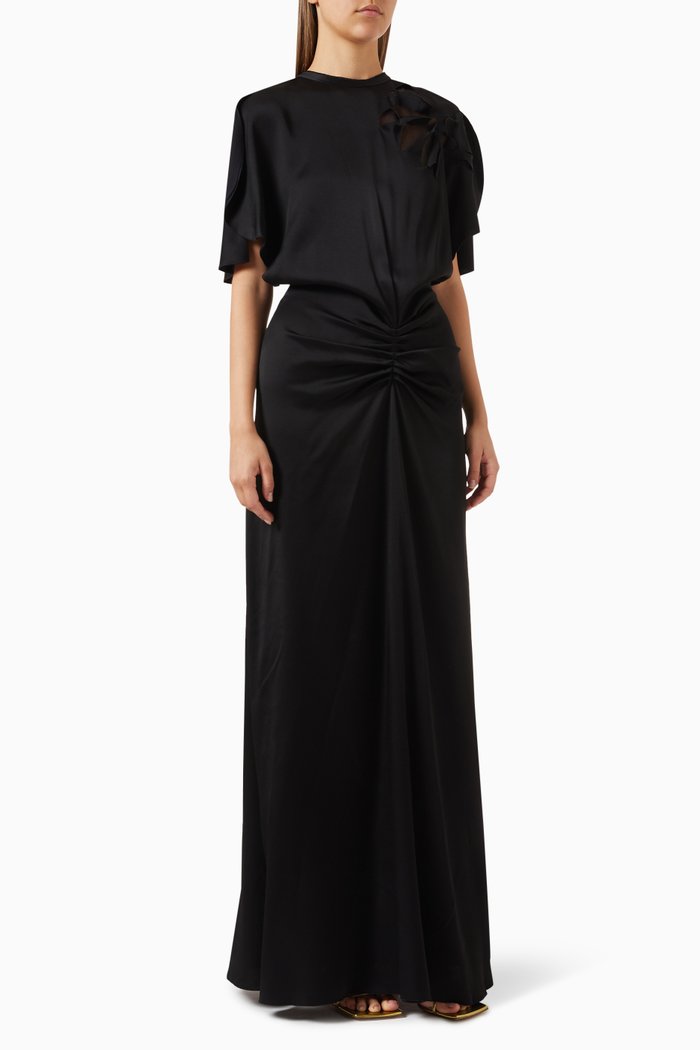 

Maxi Gathered Dress in Crepe-back Satin, Black