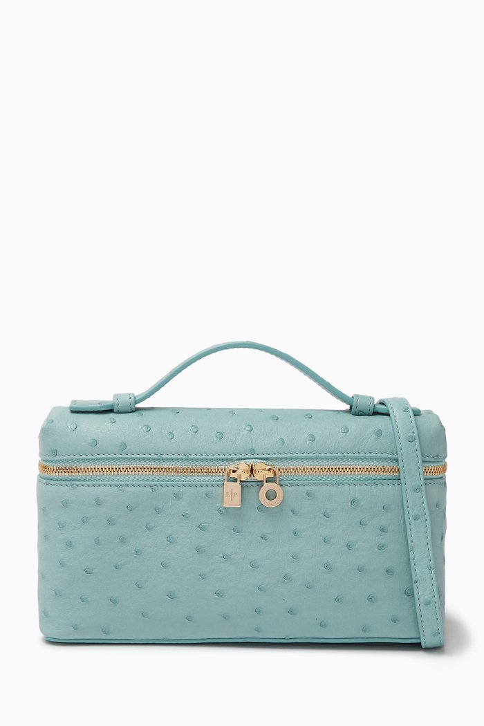 Extra Pocket Pouch L 19 in Ostrich leather, Blue