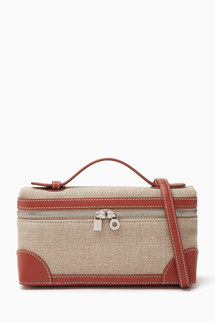 

Extra Pocket Pouch L 19 in Calfskin leather & Linen, Neutral