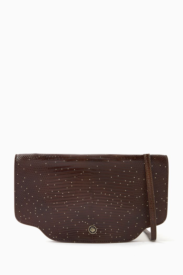 

Sesia Clutch Crossbody Bag in Lizard Leather, Brown