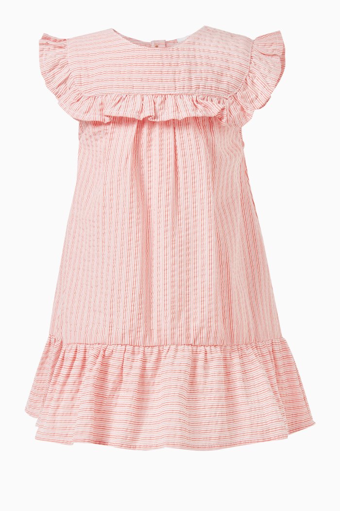

Striped Ruffle-bib Dress in Cotton, Orange