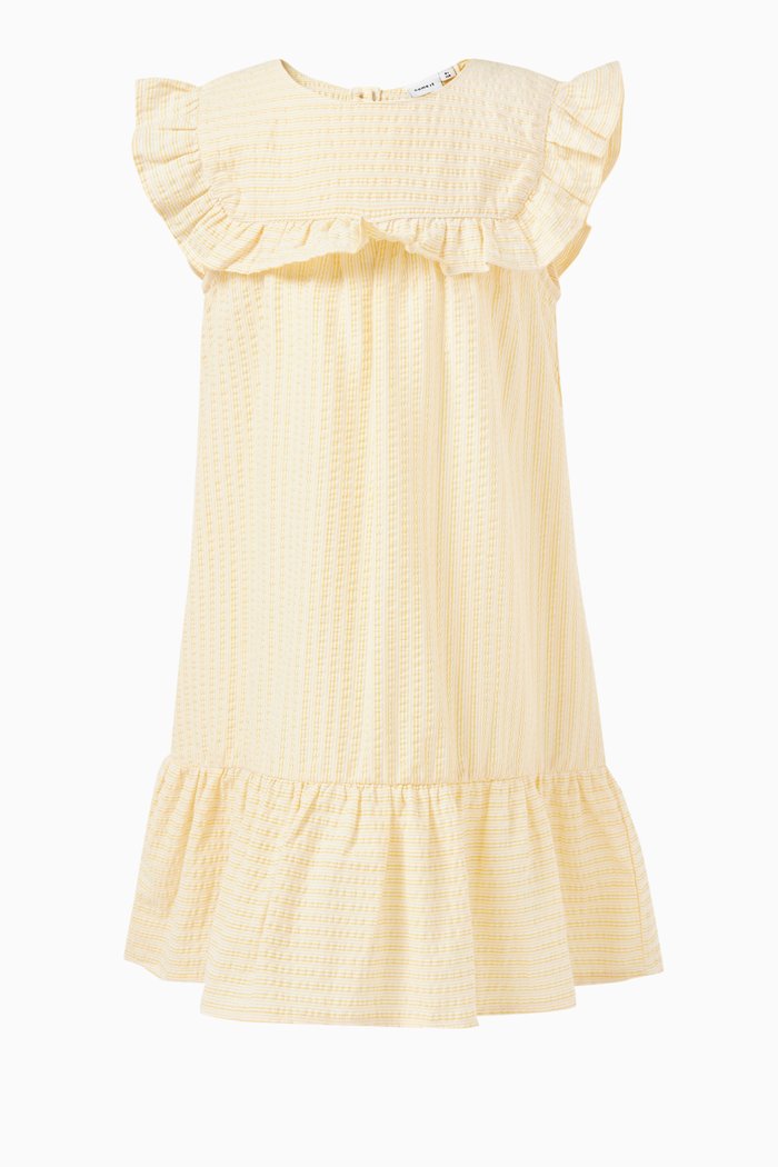 

Striped Ruffle-bib Dress in Cotton, Yellow
