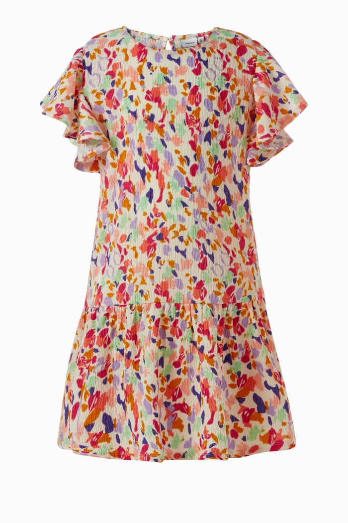 

Frilled Printed Dress in Polyester, Blue