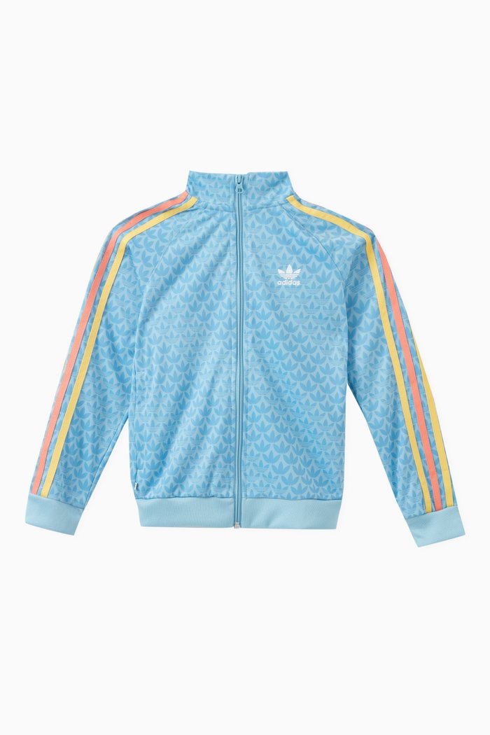 

Monogram Print Stripe Detail Track Jacket in Nylon Tricot, Blue