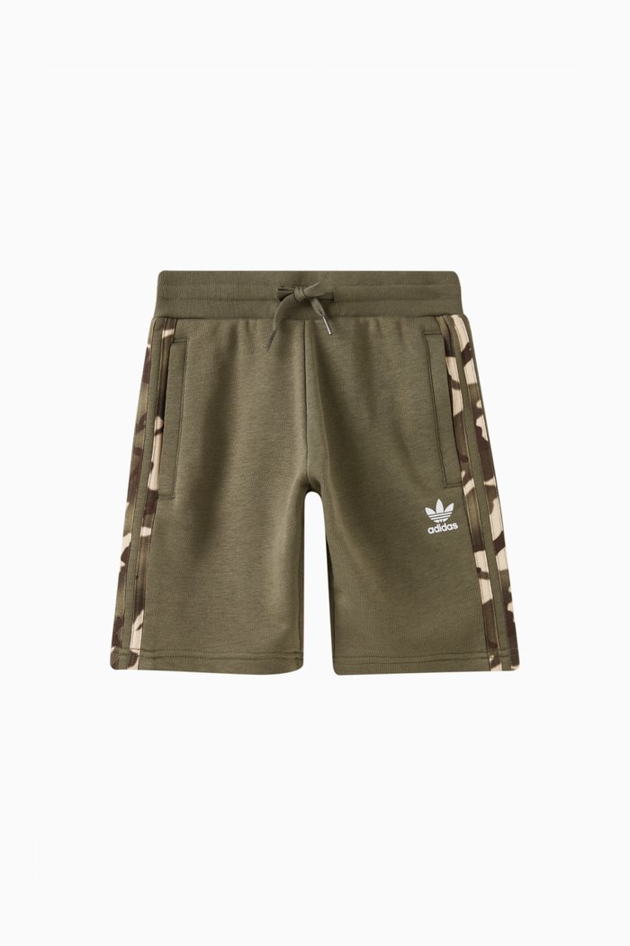 

Camo Trefoil Logo Print Shorts in Cotton Blend, Green