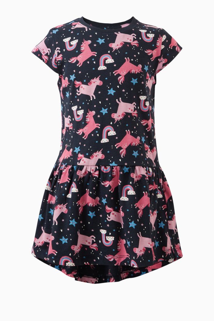 

Vigga Unicorn Print Dress in Cotton, Blue