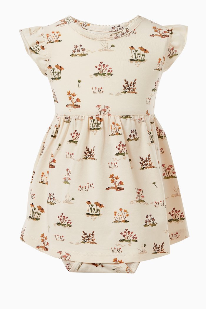 Floral-print Body Dress in Cotton, Yellow