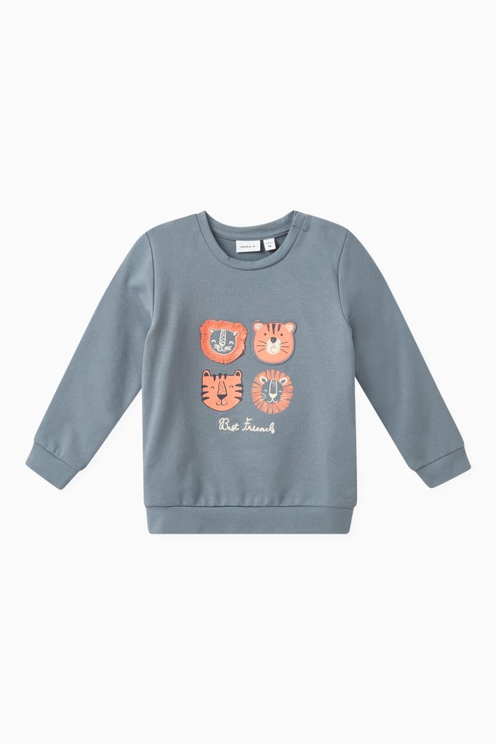 Embroidered Animal Patches Sweatshirt in Cotton, Blue