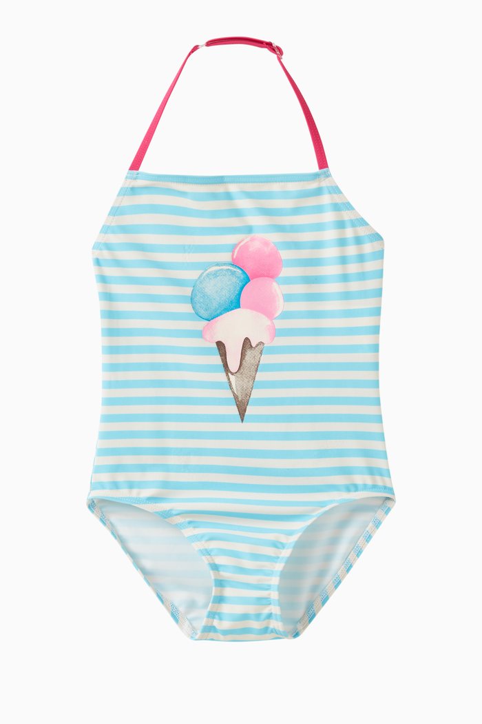 

Striped Ice Cream-print One-piece Swimsuit in Polyamide, Blue