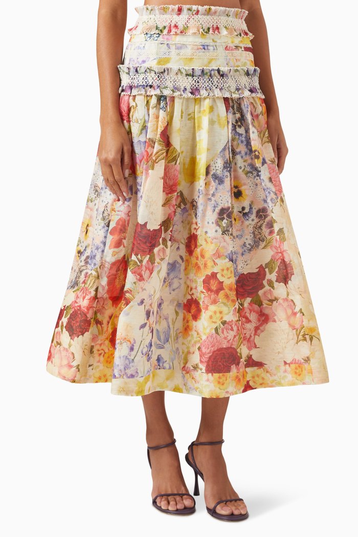 

Wonderland Smocked Midi Skirt in Silk-linen Organza, Multicolour