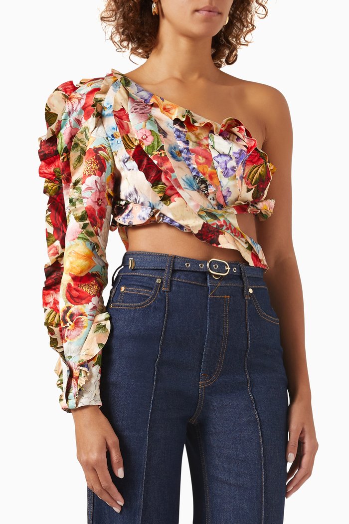 

Wonderland Frill Crop Top in Silk-linen, Multicolour
