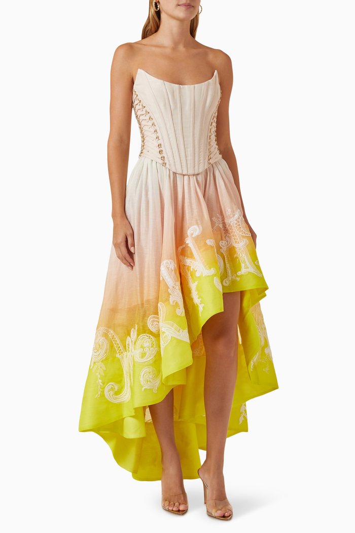 

Wonderland Lace Up Midi Dress in Silk & Linen, Multicolour