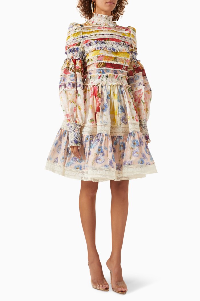 

Wonderland Smocked Mini Dress in Silk-linen, Multicolour