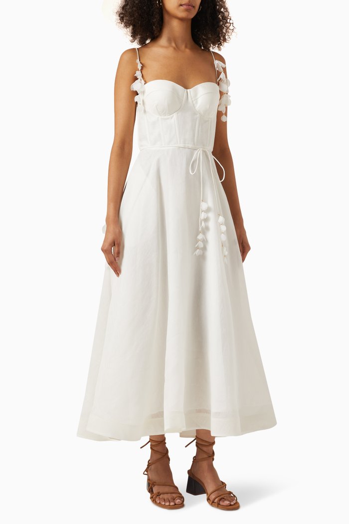 

Woderland Midi Corset Dress in Silk-linen, White