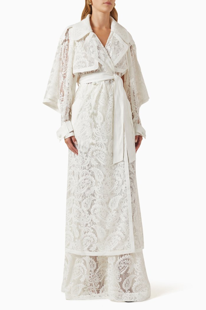 

Wonderland Trench Coat in Lace, White