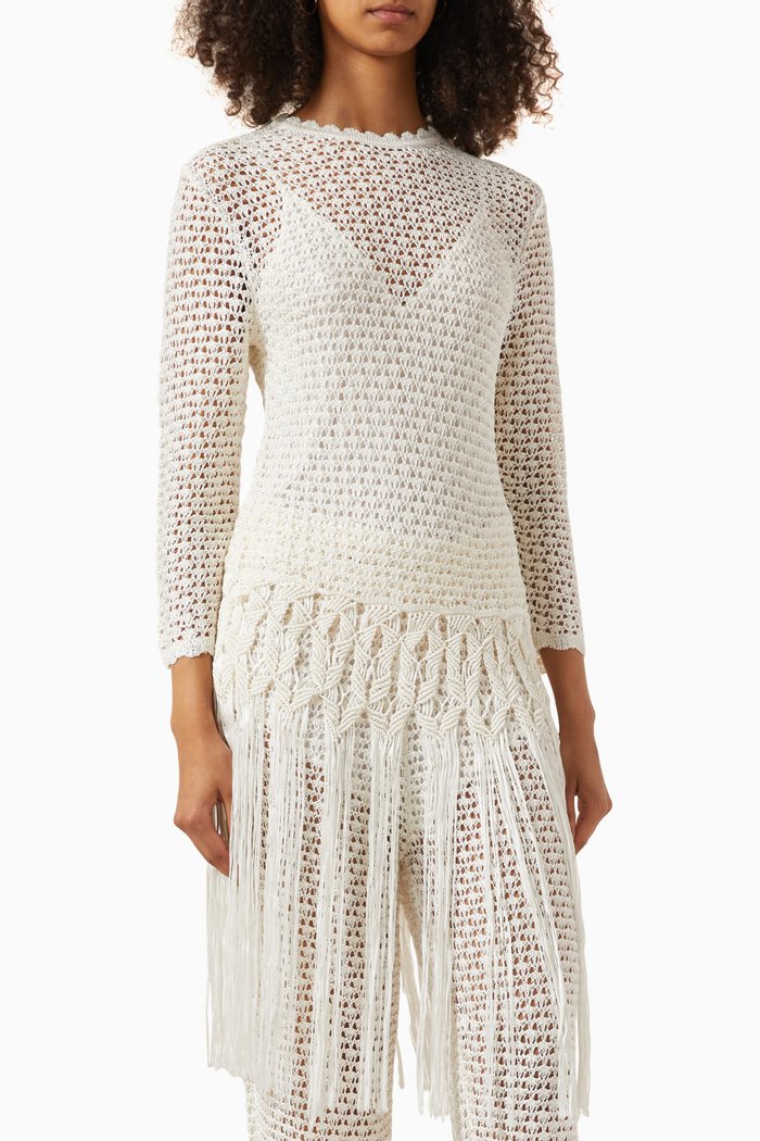 Wonderland Macramé Fringed Tunic in Crochet Knit, White