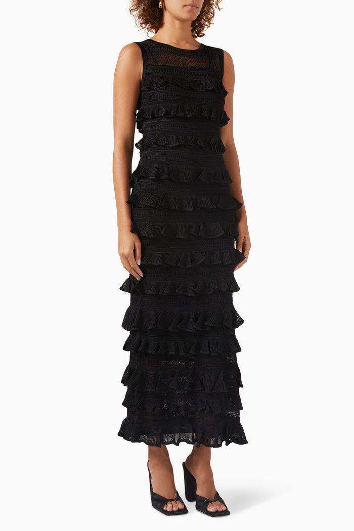 

Wonderland Frill Midi Dress in Viscose, Black