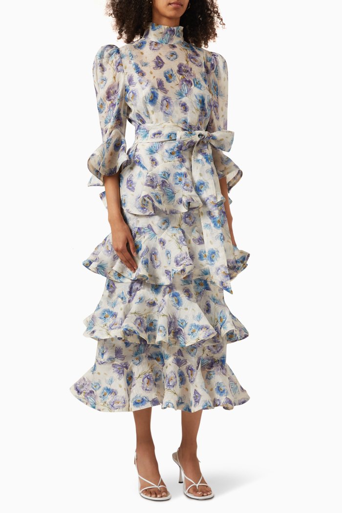 

Tama Tiered Midi Dress in Silk-linen, Multicolour