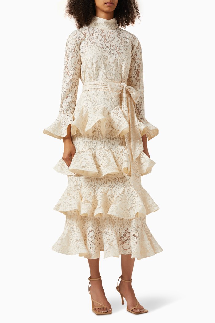 

Tama Tiered Midi Dress in Lace-cotton, White