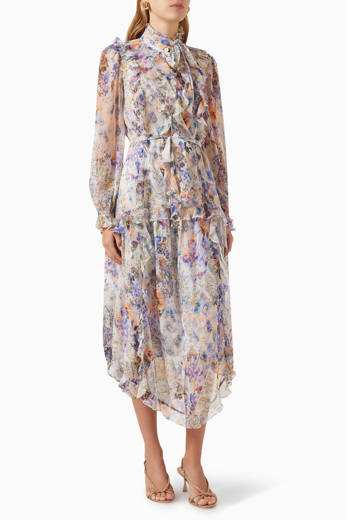 

Tama Ruffled Midi Dress in Silk, Multicolour