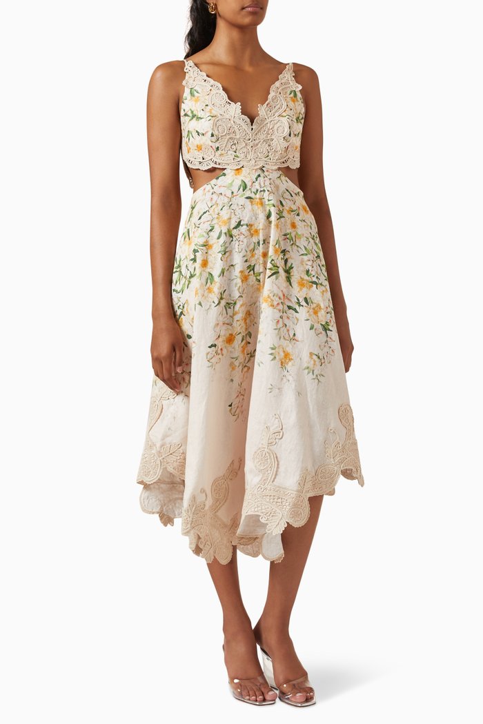 Coaster Battenburg Midi Dress in Linen, Multicolour