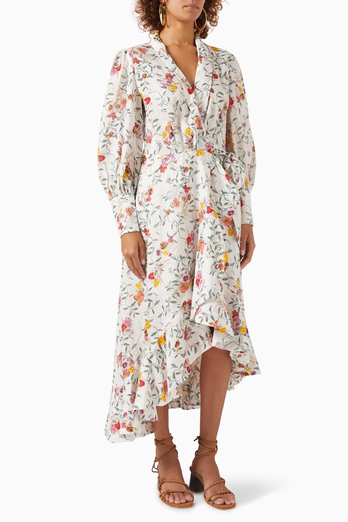 

Floral Wrap Midi Dress in Linen, White