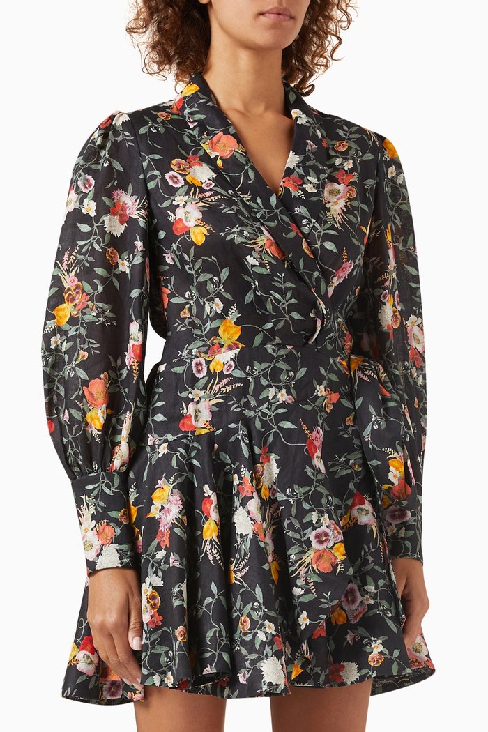 

Floral Wrap Mini Dress in Linen, Black
