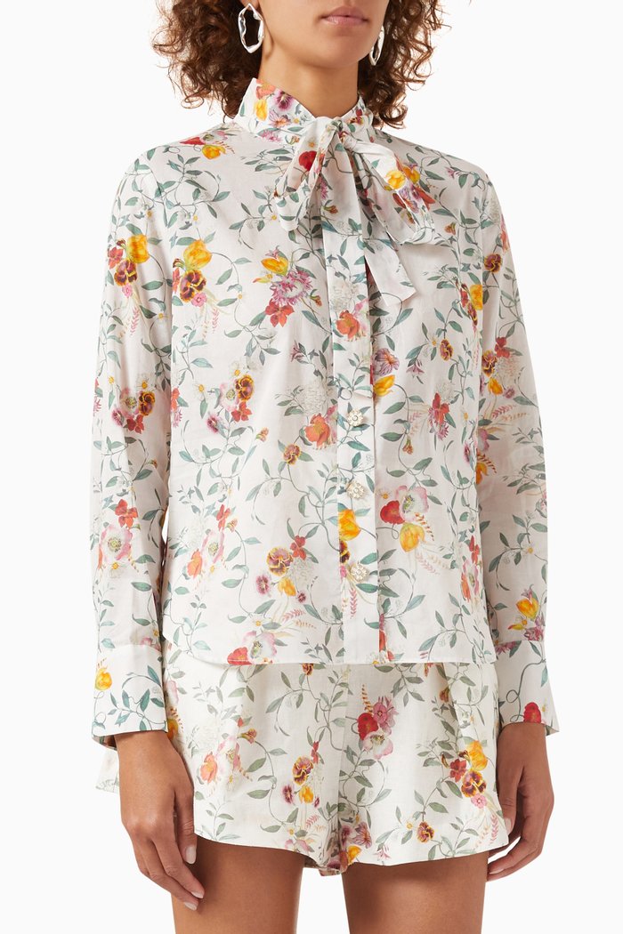 Floral Tie-neck Shirt in Cotton, White