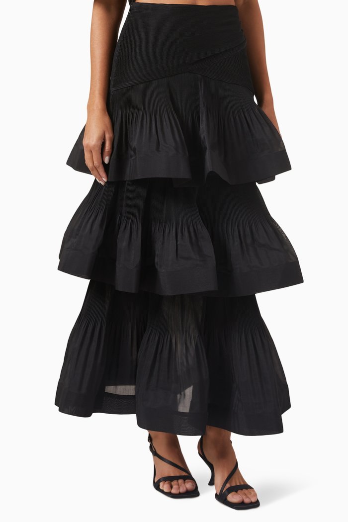 

Ruffled Tiered Midi Skirt, Black