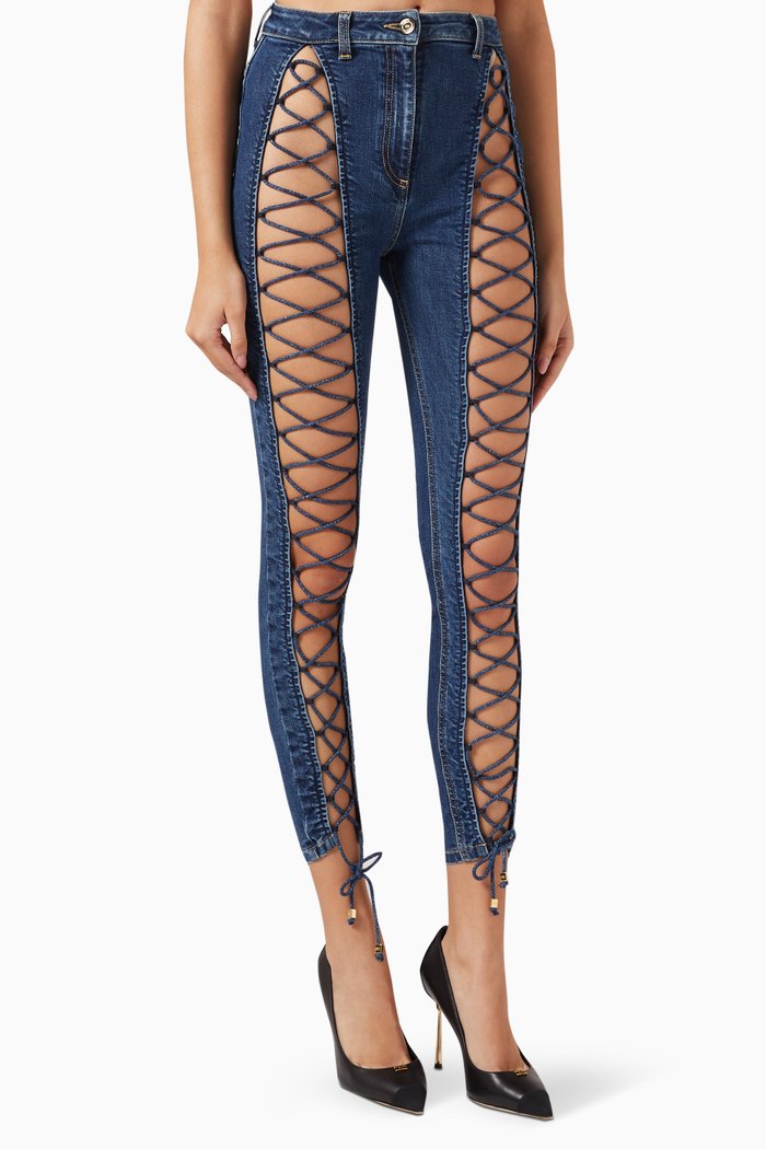 

High-waist Cut-out Jeans in Denim, Blue