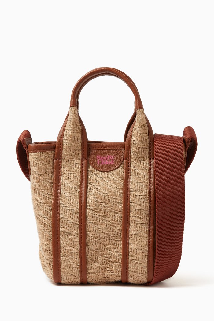 

Mini Laetizia Tote Bag in Jute & Leather, Brown