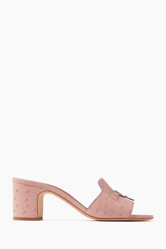 

Summer Charms 55 Block Mules in Ostrich Leather, Pink