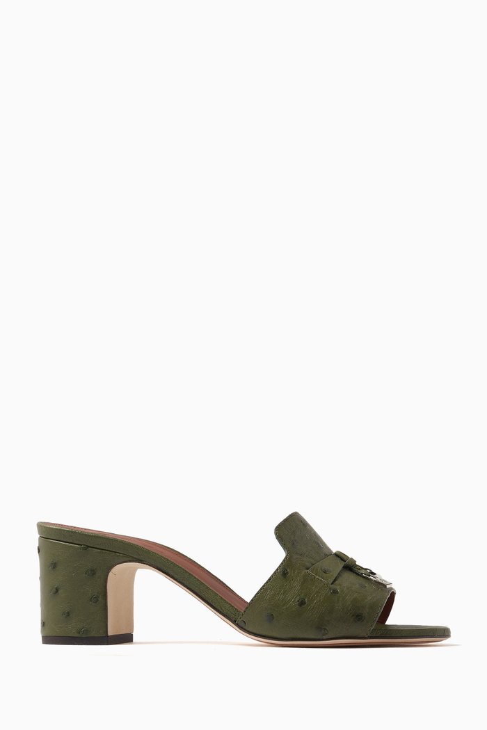 

Summer Charms 55 Block Mules in Ostrich Leather, Green