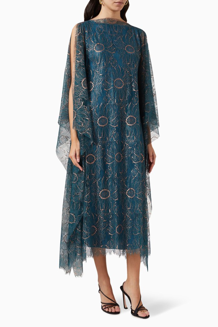 

Slit Kaftan Midi Dress in Ecovero Viscose & Lace, Blue
