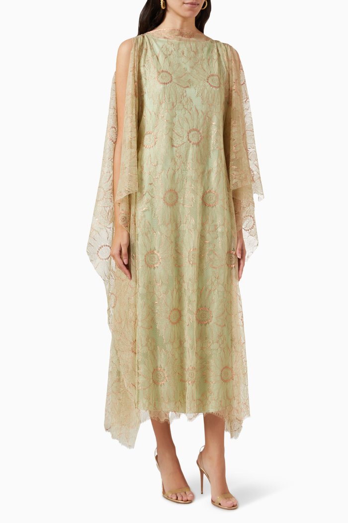 

Slit Kaftan Midi Dress in Ecovero Viscose & Lace, Green
