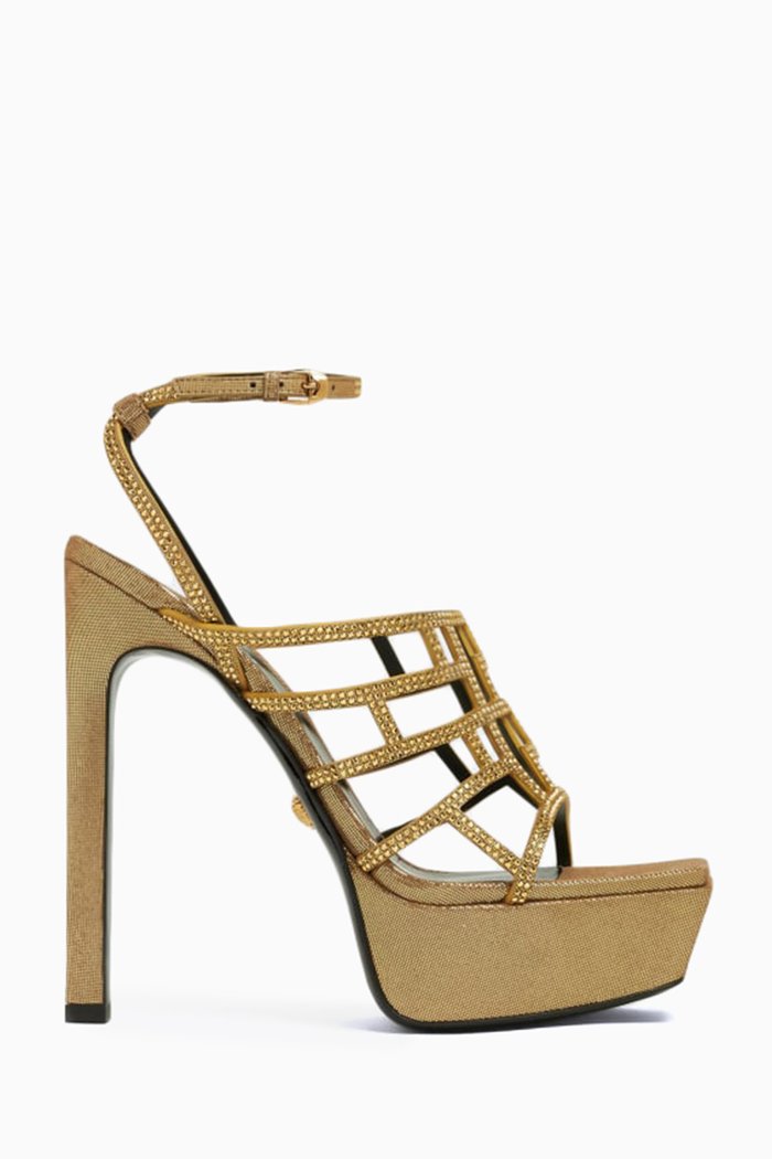 

La Greca Maze 140 Embellished Platform Sandals in Leather, Gold