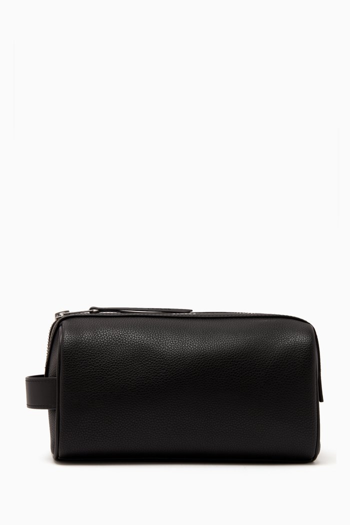 

Logo Print Wash Bag in Leather, Black