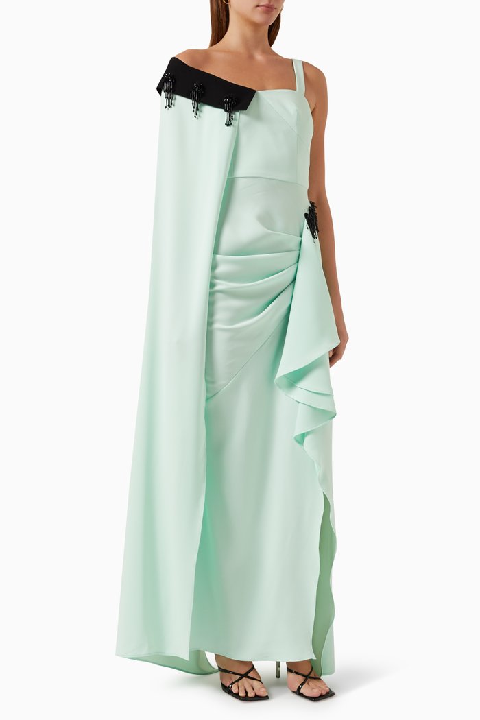 One-shoulder Cape Dress, Green