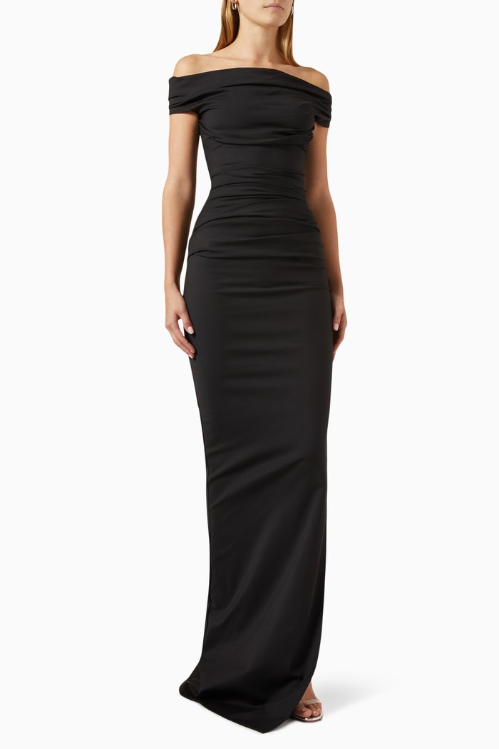 

Assertion Ruched Off-shoulder Gown in Cotton-elastane, Black
