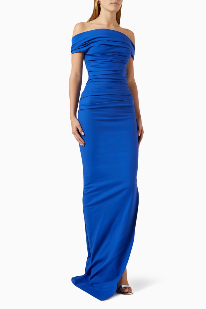 

Assertion Ruched Off-shoulder Gown in Cotton-elastane, Blue
