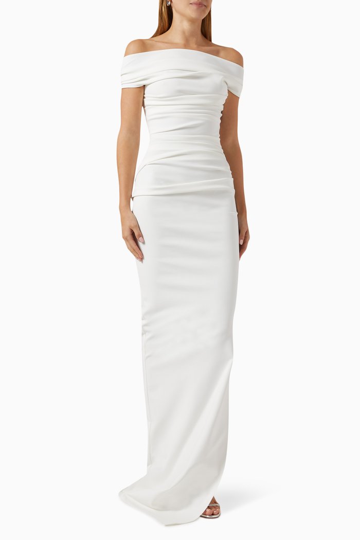 

Assertion Ruched Off-shoulder Gown in Cotton-elastane, White