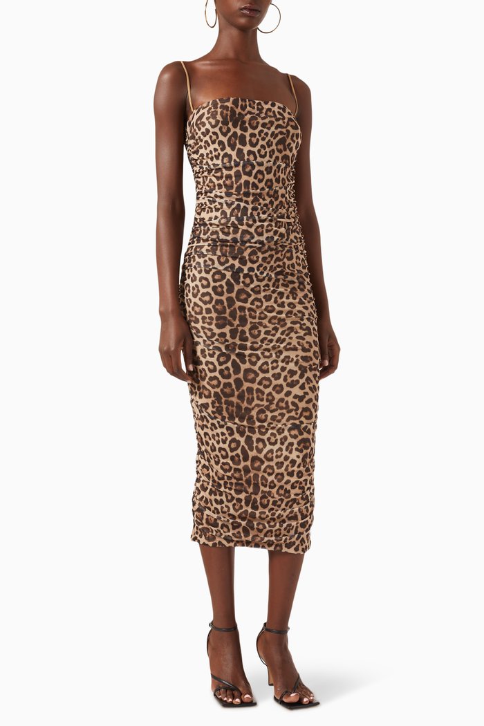 

Ruched Mesh Midi Dress, Brown