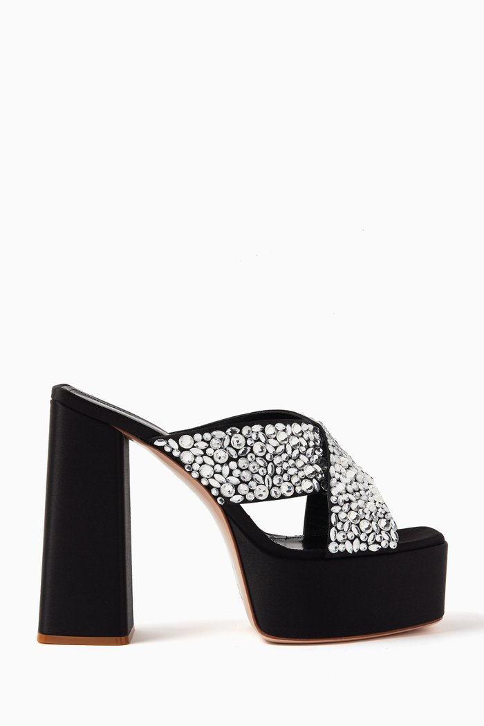 

Croco Crystal Platform Mules in Silk Satin, Black