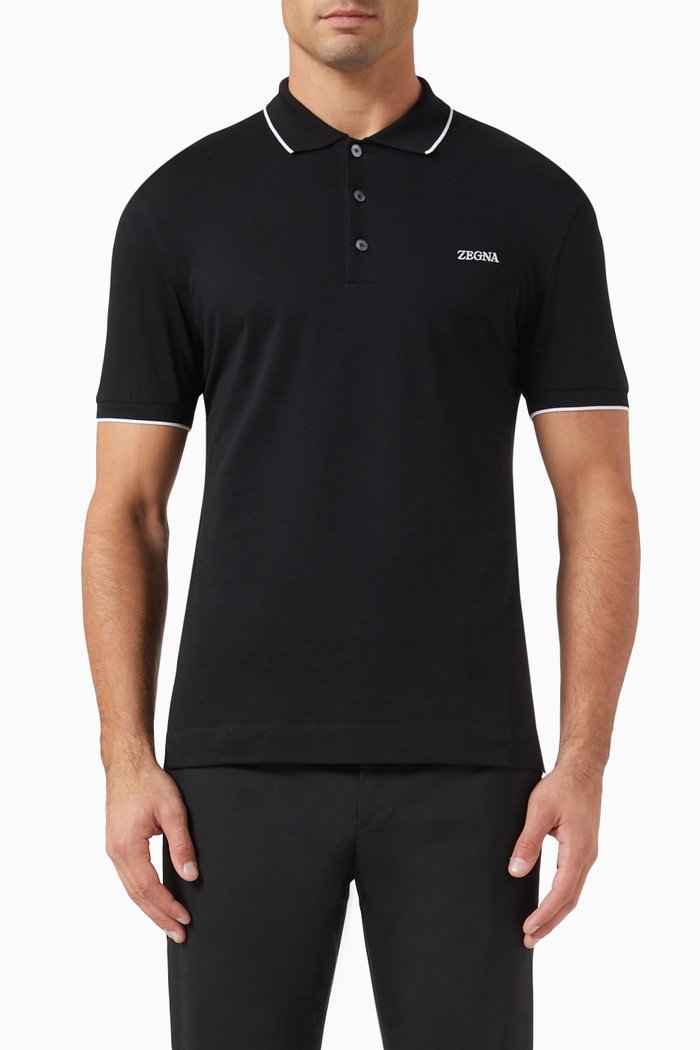 

Logo-embroidered Polo Shirt in Stretch-cotton, Black