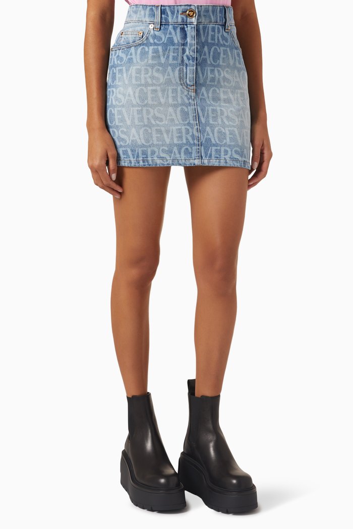 

All-over Logo Mini Skirt in Denim, Blue
