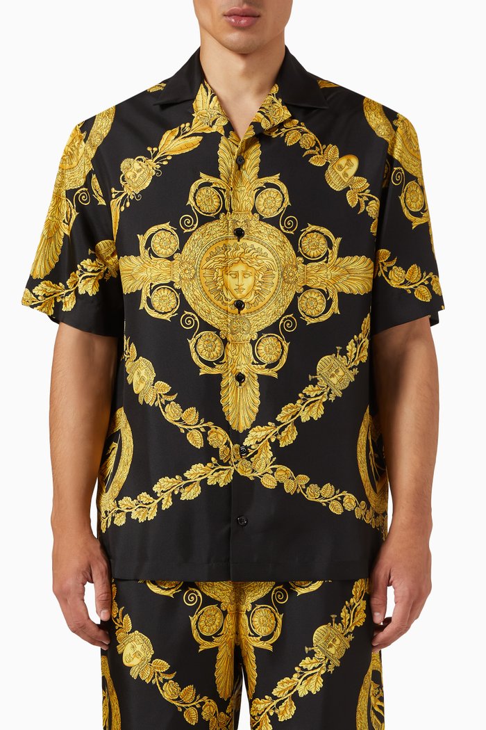 

Heritage-printed Barocco Button Down Shirt in Silk Twill, Black
