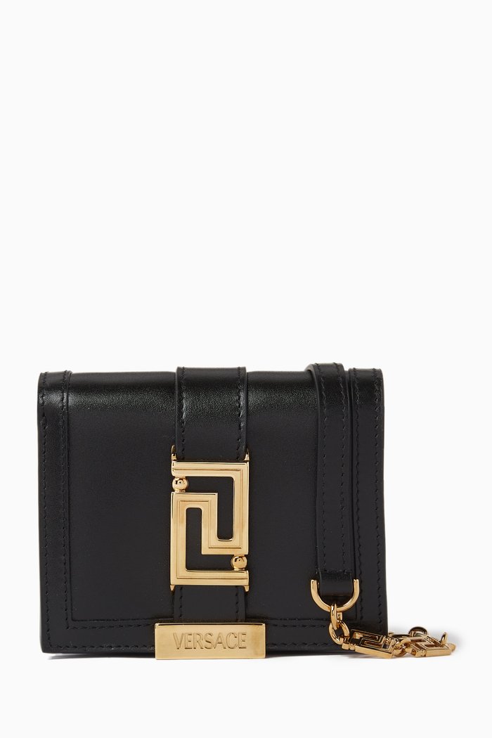

Greca Goddess Bi-fold Chain Wallet in Leather, Black